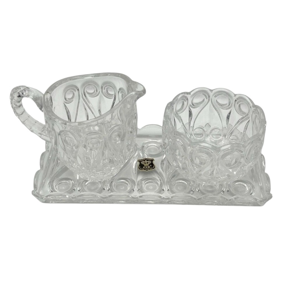 Vintage Golden Crown Lead Crystal 3-Piece Creamer, Sugar Bowl & Tray Set Germany
